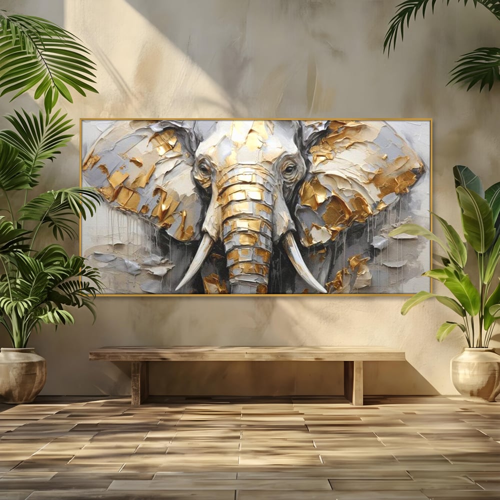 Tablou Canvas Premium, LuxCanva® M1301, Simbol Ancestral, Elefant, Savana, Auriu, Argintiu, Abstract, Animal, Texturat, Pictura, Epoca, Traditie, Birou, Living, Camera Copil
