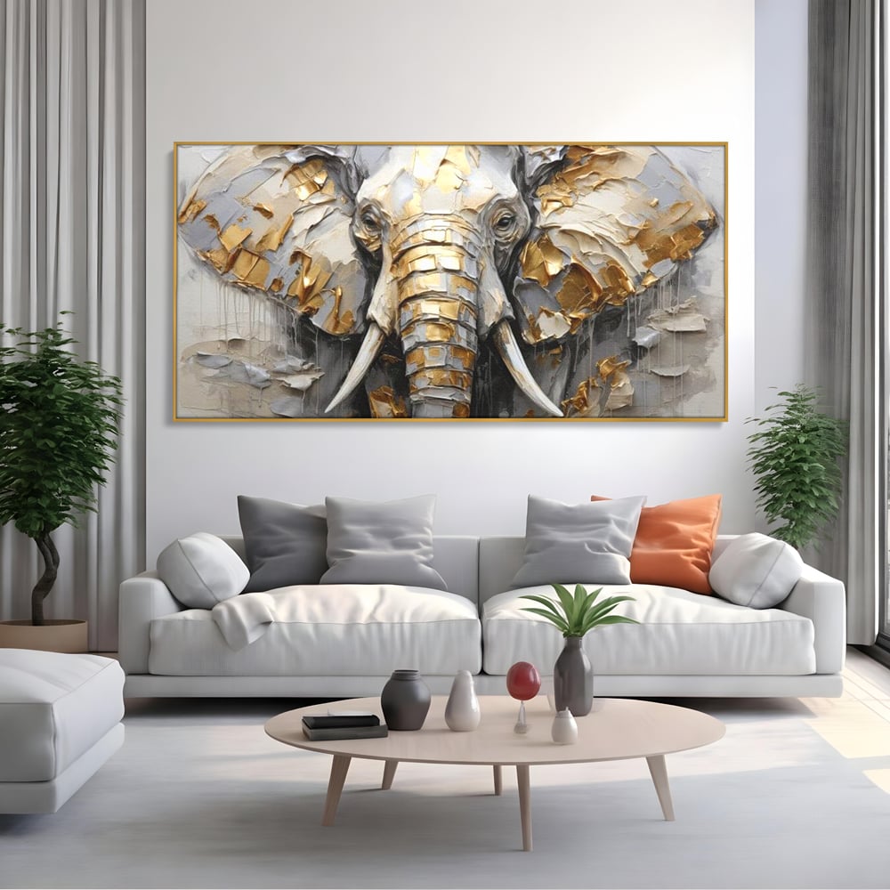 Tablou Canvas Premium, LuxCanva® M1301, Simbol Ancestral, Elefant, Savana, Auriu, Argintiu, Abstract, Animal, Texturat, Pictura, Epoca, Traditie, Birou, Living, Camera Copil