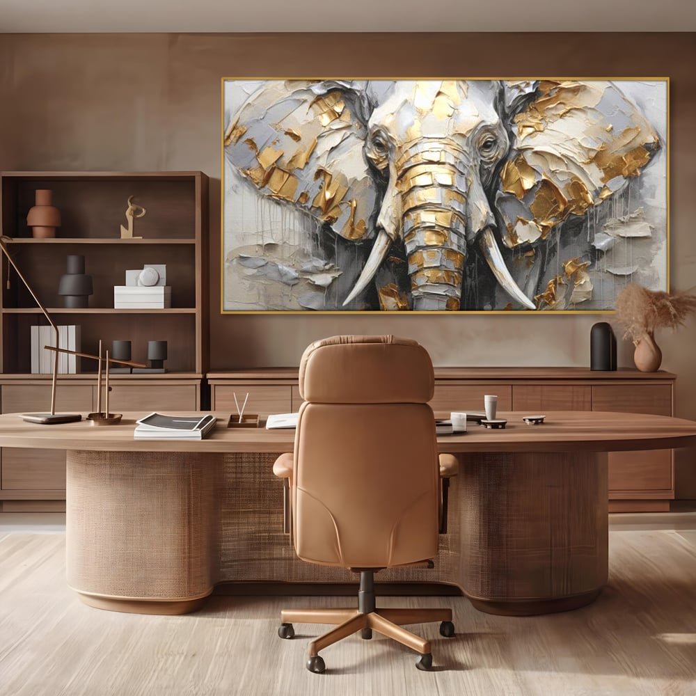 Tablou Canvas Premium, LuxCanva® M1301, Simbol Ancestral, Elefant, Savana, Auriu, Argintiu, Abstract, Animal, Texturat, Pictura, Epoca, Traditie, Birou, Living, Camera Copil