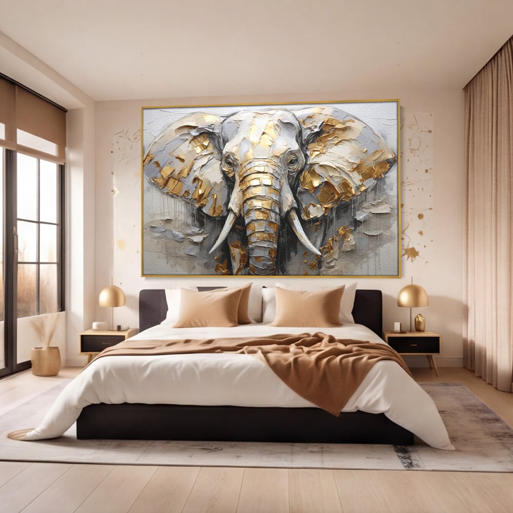 Tablou Canvas Premium, LuxCanva® M1301, Simbol Ancestral, Elefant, Savana, Auriu, Argintiu, Abstract, Animal, Texturat, Pictura, Epoca, Traditie, Birou, Living, Camera Copil