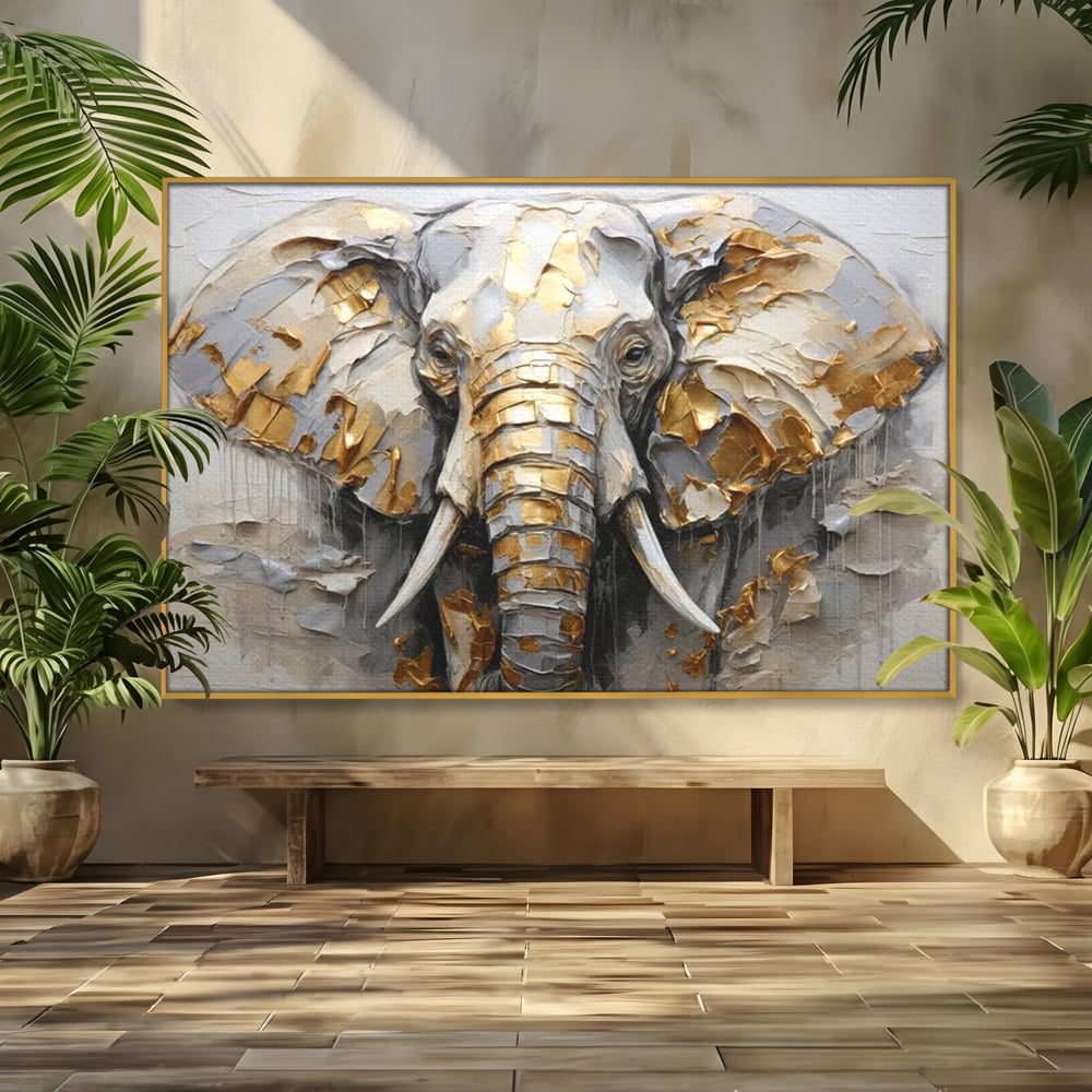 Tablou Canvas Premium, LuxCanva® M1301, Simbol Ancestral, Elefant, Savana, Auriu, Argintiu, Abstract, Animal, Texturat, Pictura, Epoca, Traditie, Birou, Living, Camera Copil