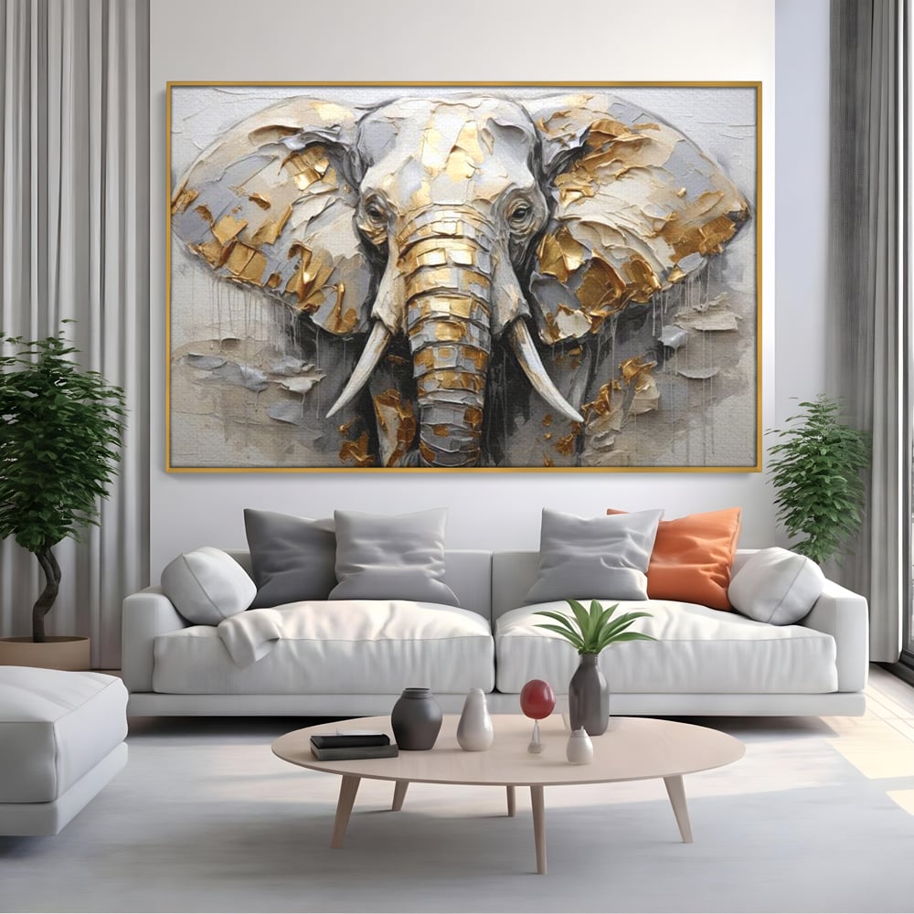 Tablou Canvas Premium, LuxCanva® M1301, Simbol Ancestral, Elefant, Savana, Auriu, Argintiu, Abstract, Animal, Texturat, Pictura, Epoca, Traditie, Birou, Living, Camera Copil