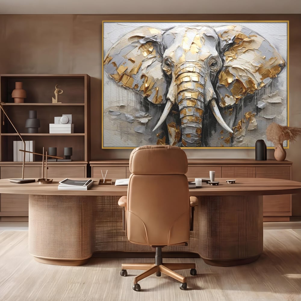 Tablou Canvas Premium, LuxCanva® M1301, Simbol Ancestral, Elefant, Savana, Auriu, Argintiu, Abstract, Animal, Texturat, Pictura, Epoca, Traditie, Birou, Living, Camera Copil