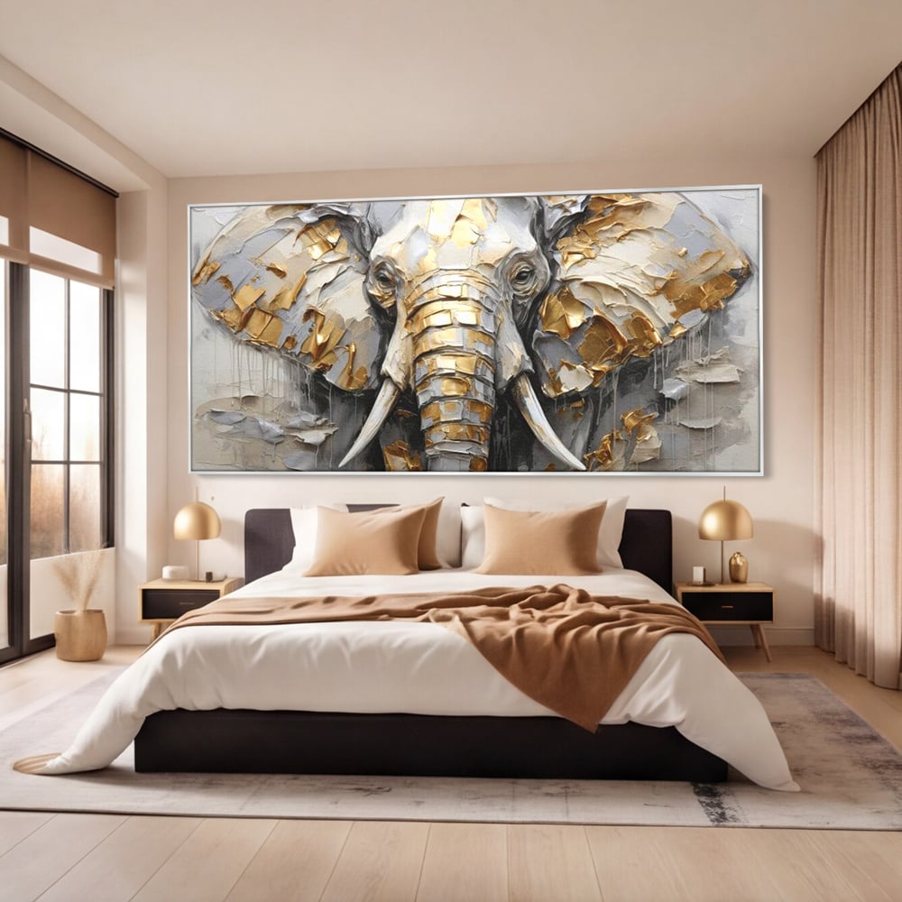 Tablou Canvas Premium, LuxCanva® M1301, Simbol Ancestral, Elefant, Savana, Auriu, Argintiu, Abstract, Animal, Texturat, Pictura, Epoca, Traditie, Birou, Living, Camera Copil