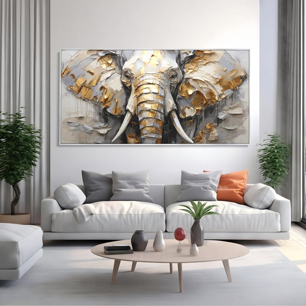 Tablou Canvas Premium, LuxCanva® M1301, Simbol Ancestral, Elefant, Savana, Auriu, Argintiu, Abstract, Animal, Texturat, Pictura, Epoca, Traditie, Birou, Living, Camera Copil