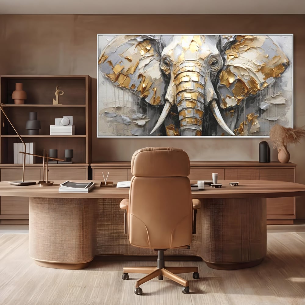 Tablou Canvas Premium, LuxCanva® M1301, Simbol Ancestral, Elefant, Savana, Auriu, Argintiu, Abstract, Animal, Texturat, Pictura, Epoca, Traditie, Birou, Living, Camera Copil