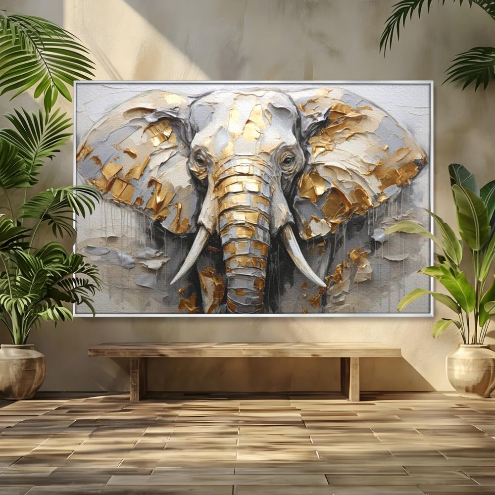 Tablou Canvas Premium, LuxCanva® M1301, Simbol Ancestral, Elefant, Savana, Auriu, Argintiu, Abstract, Animal, Texturat, Pictura, Epoca, Traditie, Birou, Living, Camera Copil