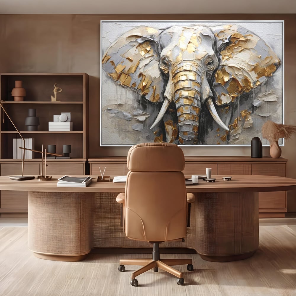 Tablou Canvas Premium, LuxCanva® M1301, Simbol Ancestral, Elefant, Savana, Auriu, Argintiu, Abstract, Animal, Texturat, Pictura, Epoca, Traditie, Birou, Living, Camera Copil