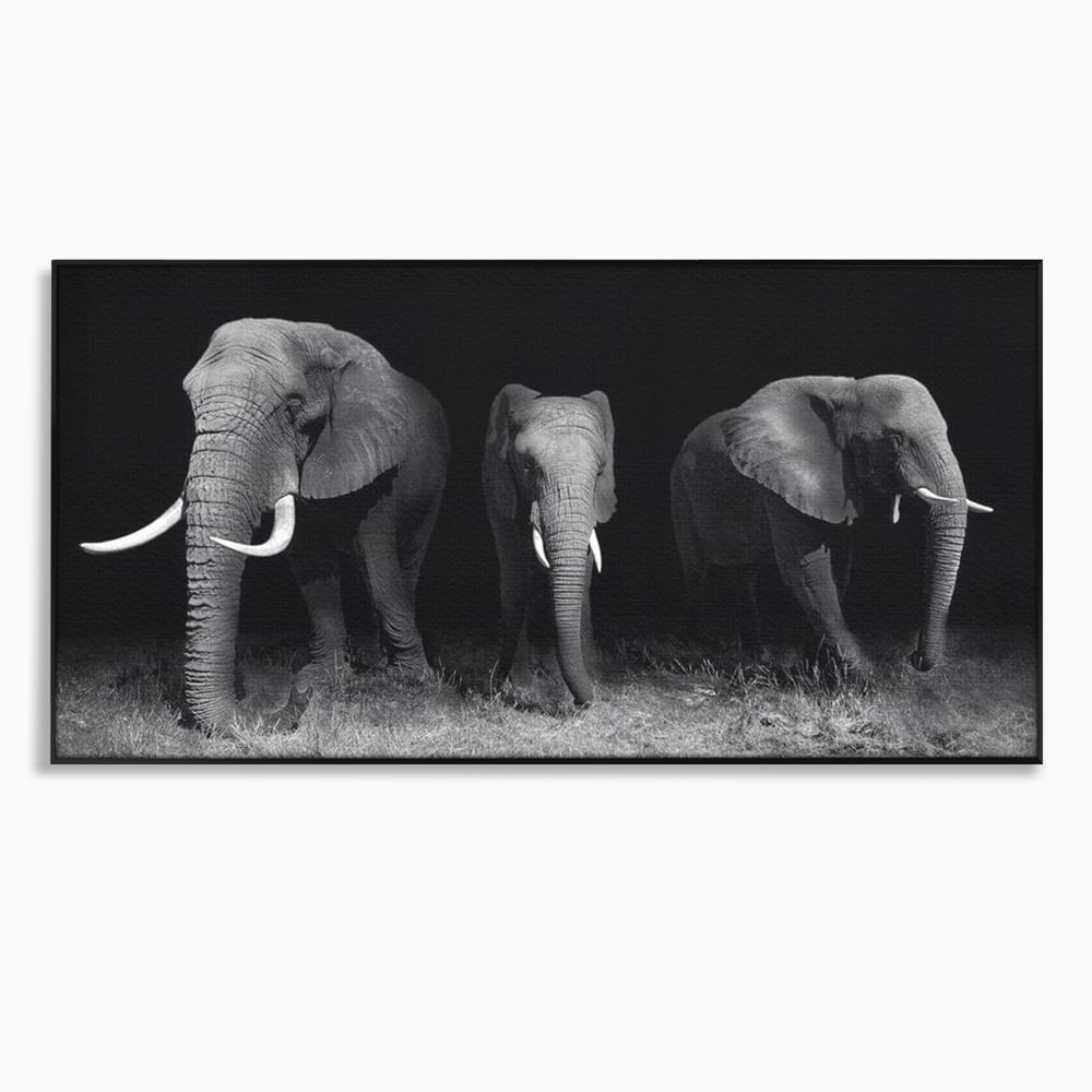 Tablou Canvas Premium, LuxCanva® M1302, Umbrele Savanei, Animale, Salbaticie, Safari, Elefanti, Familie, Alb si Negru, Grup, Dinamism, Intuneric, Birou, Living, Camera Copil