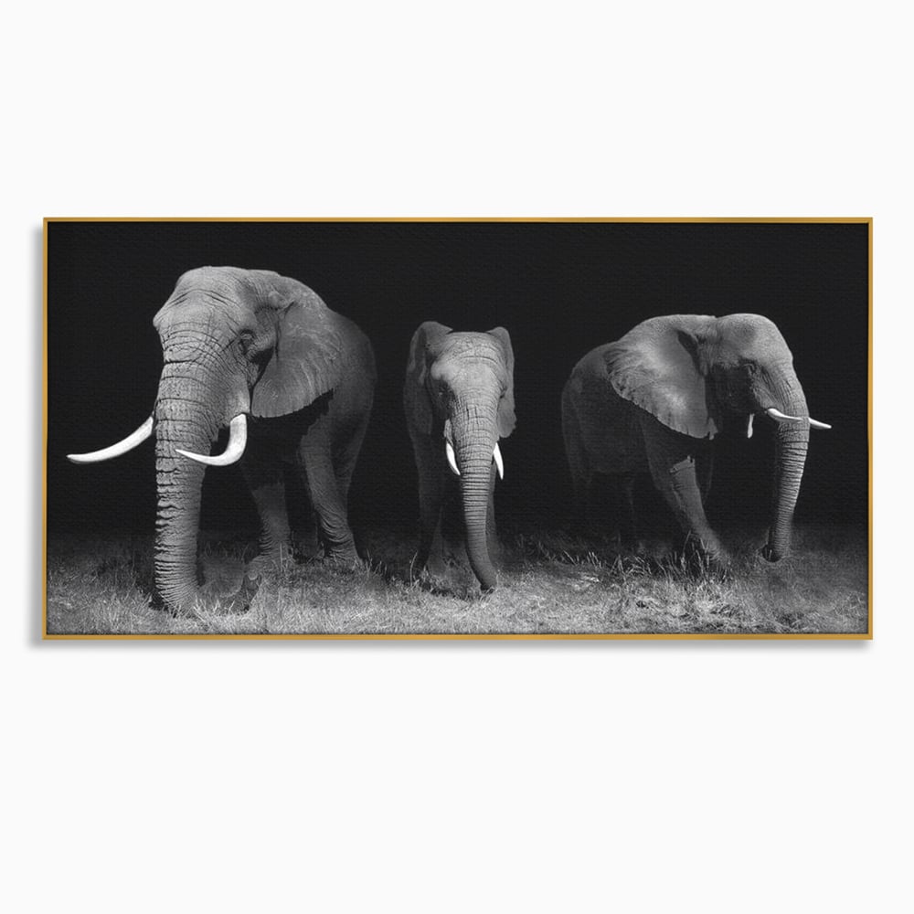Tablou Canvas Premium, LuxCanva® M1302, Umbrele Savanei, Animale, Salbaticie, Safari, Elefanti, Familie, Alb si Negru, Grup, Dinamism, Intuneric, Birou, Living, Camera Copil