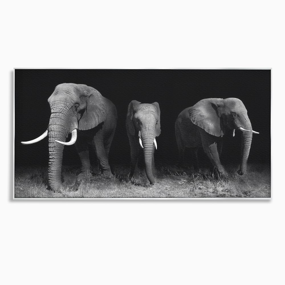 Tablou Canvas Premium, LuxCanva® M1302, Umbrele Savanei, Animale, Salbaticie, Safari, Elefanti, Familie, Alb si Negru, Grup, Dinamism, Intuneric, Birou, Living, Camera Copil