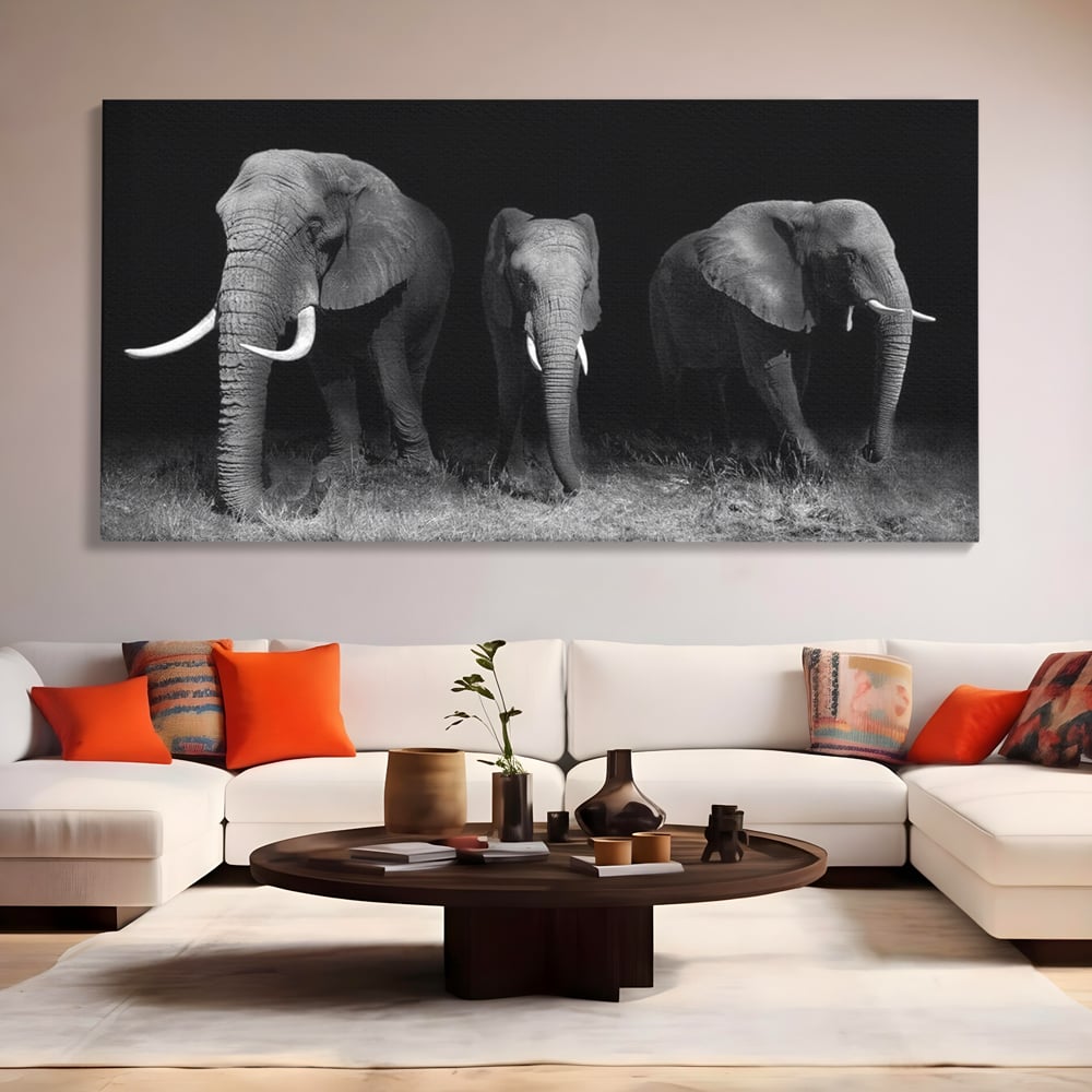 Tablou Canvas Premium, LuxCanva® M1302, Umbrele Savanei, Animale, Salbaticie, Safari, Elefanti, Familie, Alb si Negru, Grup, Dinamism, Intuneric, Birou, Living, Camera Copil