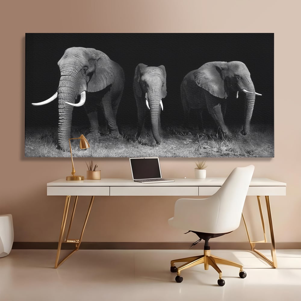 Tablou Canvas Premium, LuxCanva® M1302, Umbrele Savanei, Animale, Salbaticie, Safari, Elefanti, Familie, Alb si Negru, Grup, Dinamism, Intuneric, Birou, Living, Camera Copil