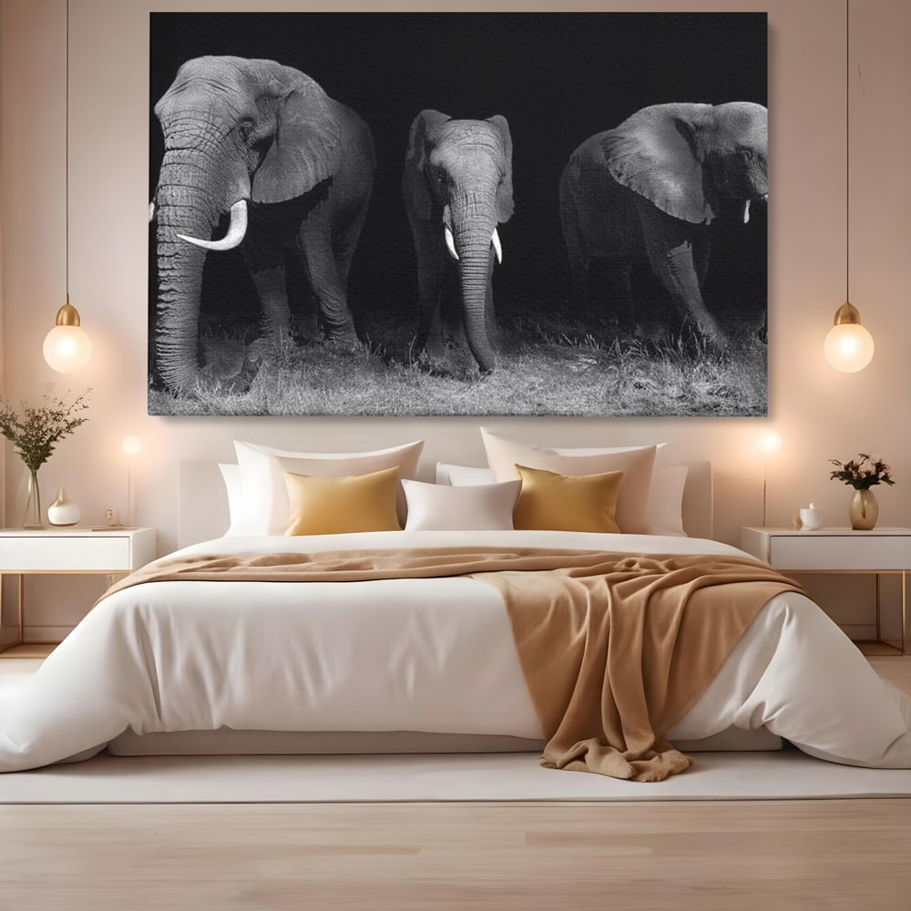 Tablou Canvas Premium, LuxCanva® M1302, Umbrele Savanei, Animale, Salbaticie, Safari, Elefanti, Familie, Alb si Negru, Grup, Dinamism, Intuneric, Birou, Living, Camera Copil