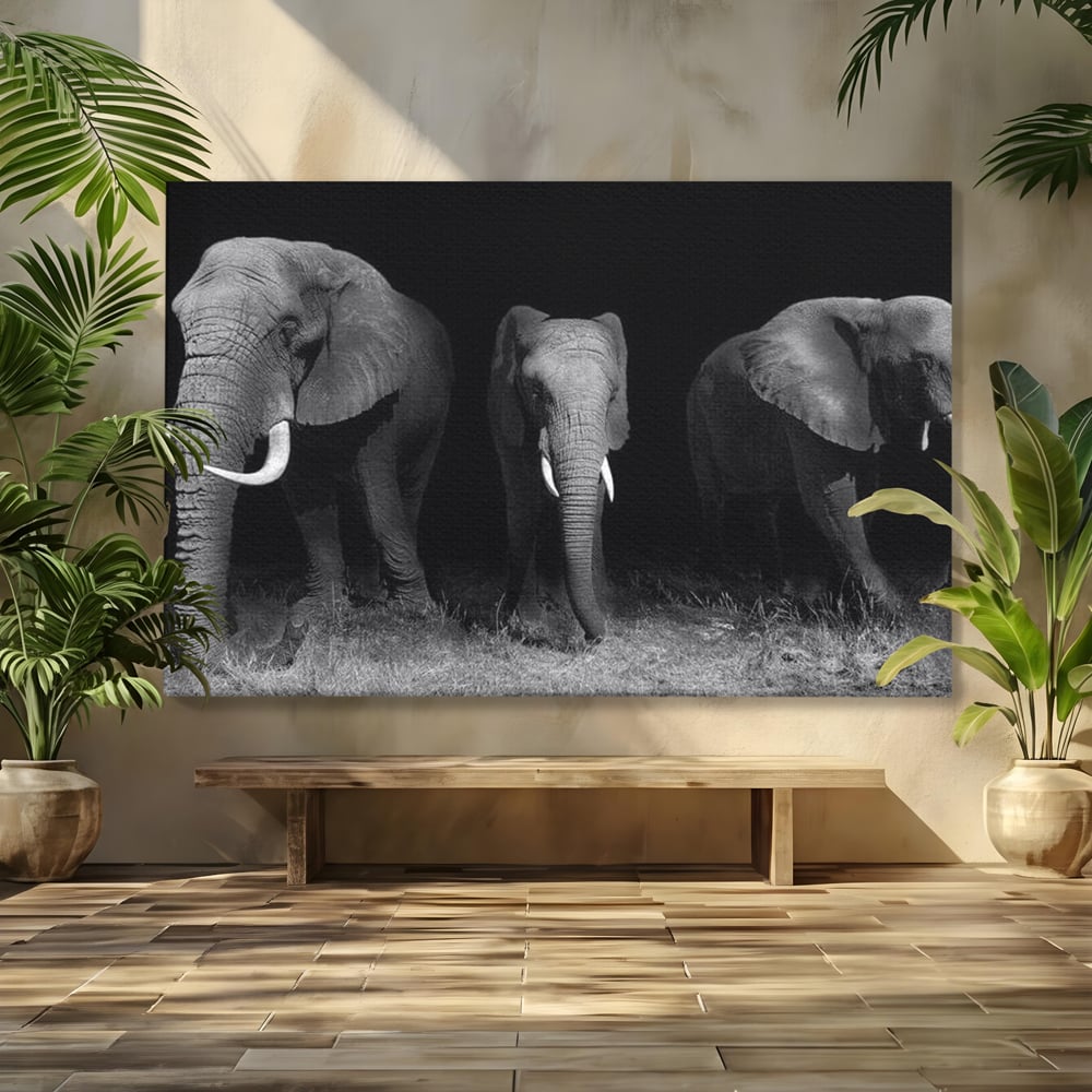 Tablou Canvas Premium, LuxCanva® M1302, Umbrele Savanei, Animale, Salbaticie, Safari, Elefanti, Familie, Alb si Negru, Grup, Dinamism, Intuneric, Birou, Living, Camera Copil