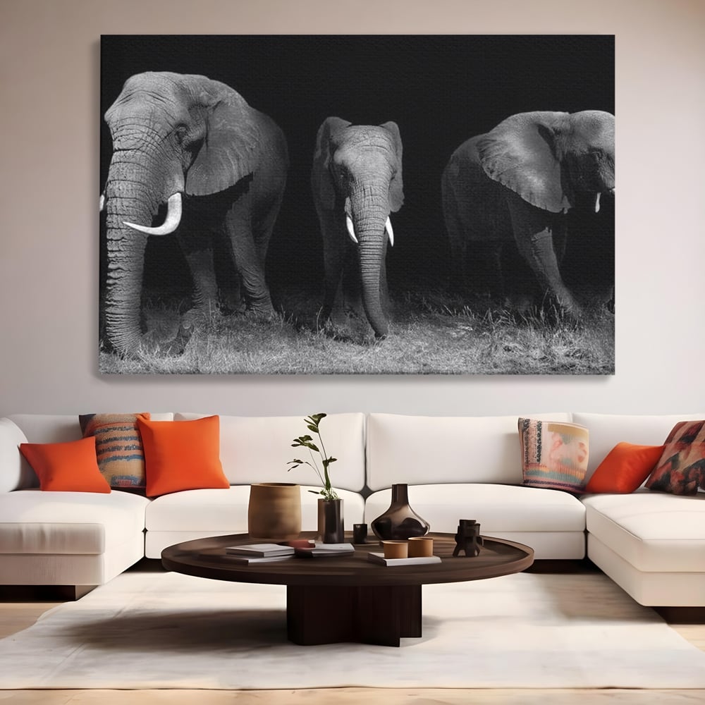 Tablou Canvas Premium, LuxCanva® M1302, Umbrele Savanei, Animale, Salbaticie, Safari, Elefanti, Familie, Alb si Negru, Grup, Dinamism, Intuneric, Birou, Living, Camera Copil