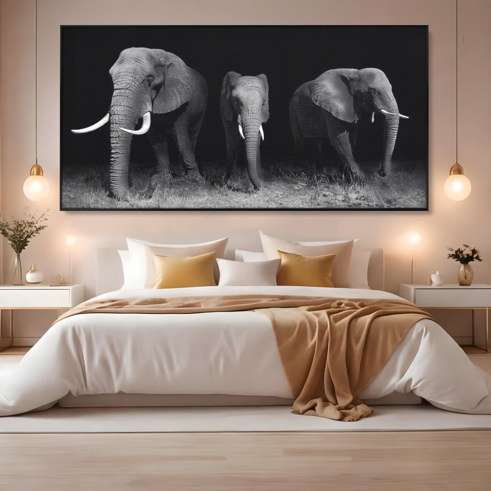 Tablou Canvas Premium, LuxCanva® M1302, Umbrele Savanei, Animale, Salbaticie, Safari, Elefanti, Familie, Alb si Negru, Grup, Dinamism, Intuneric, Birou, Living, Camera Copil