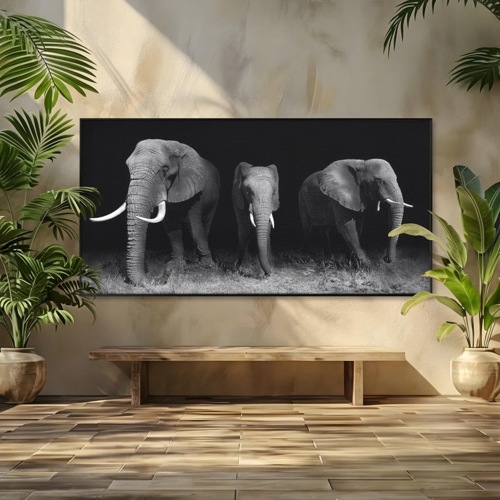 Tablou Canvas Premium, LuxCanva® M1302, Umbrele Savanei, Animale, Salbaticie, Safari, Elefanti, Familie, Alb si Negru, Grup, Dinamism, Intuneric, Birou, Living, Camera Copil