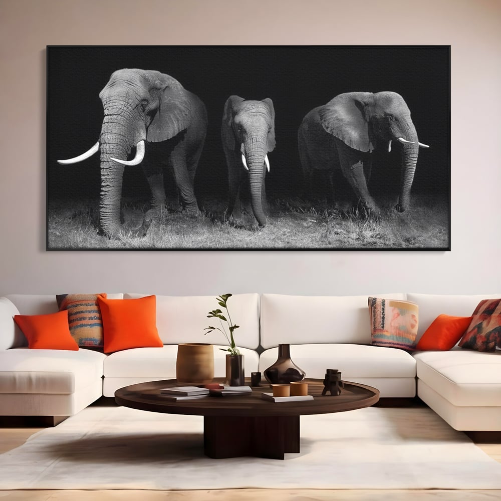 Tablou Canvas Premium, LuxCanva® M1302, Umbrele Savanei, Animale, Salbaticie, Safari, Elefanti, Familie, Alb si Negru, Grup, Dinamism, Intuneric, Birou, Living, Camera Copil