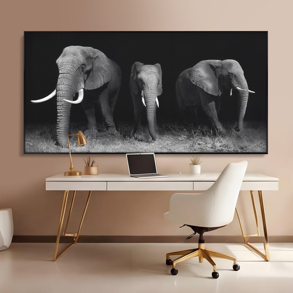Tablou Canvas Premium, LuxCanva® M1302, Umbrele Savanei, Animale, Salbaticie, Safari, Elefanti, Familie, Alb si Negru, Grup, Dinamism, Intuneric, Birou, Living, Camera Copil