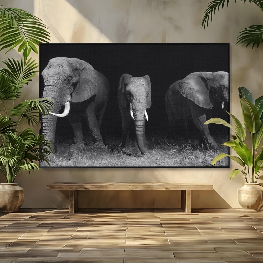 Tablou Canvas Premium, LuxCanva® M1302, Umbrele Savanei, Animale, Salbaticie, Safari, Elefanti, Familie, Alb si Negru, Grup, Dinamism, Intuneric, Birou, Living, Camera Copil