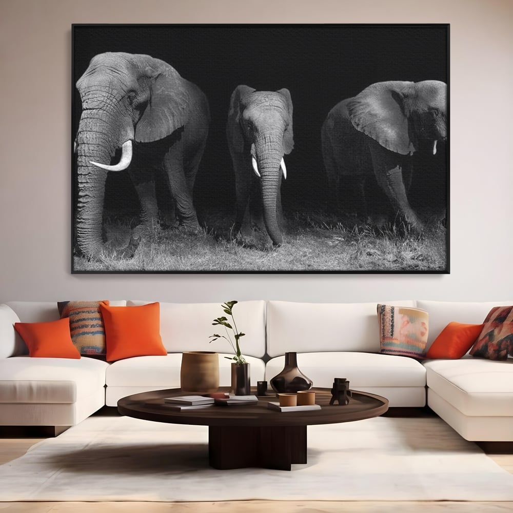 Tablou Canvas Premium, LuxCanva® M1302, Umbrele Savanei, Animale, Salbaticie, Safari, Elefanti, Familie, Alb si Negru, Grup, Dinamism, Intuneric, Birou, Living, Camera Copil