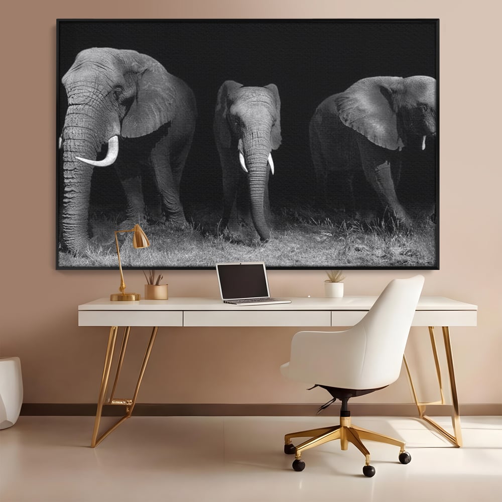 Tablou Canvas Premium, LuxCanva® M1302, Umbrele Savanei, Animale, Salbaticie, Safari, Elefanti, Familie, Alb si Negru, Grup, Dinamism, Intuneric, Birou, Living, Camera Copil