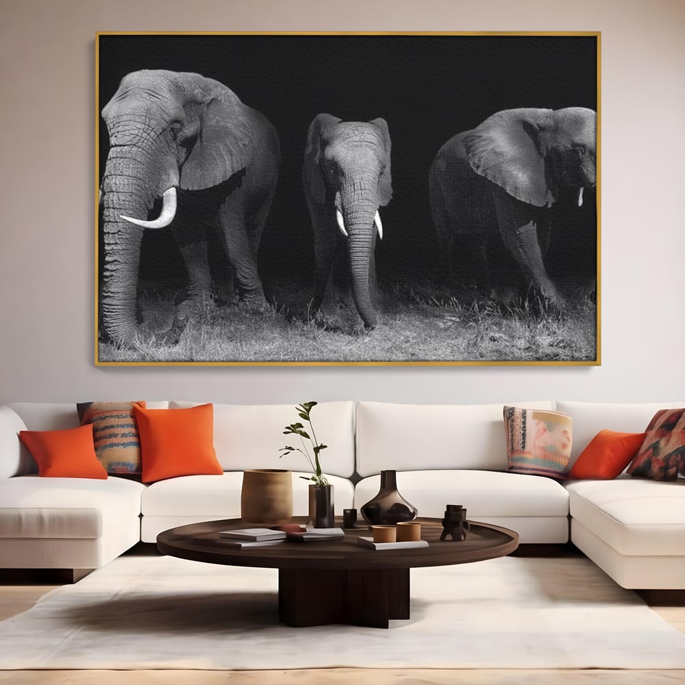 Tablou Canvas Premium, LuxCanva® M1302, Umbrele Savanei, Animale, Salbaticie, Safari, Elefanti, Familie, Alb si Negru, Grup, Dinamism, Intuneric, Birou, Living, Camera Copil
