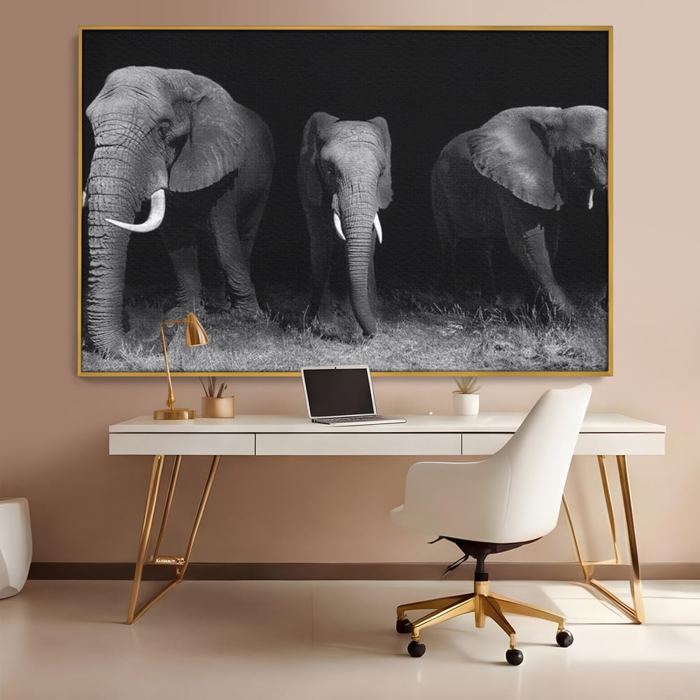 Tablou Canvas Premium, LuxCanva® M1302, Umbrele Savanei, Animale, Salbaticie, Safari, Elefanti, Familie, Alb si Negru, Grup, Dinamism, Intuneric, Birou, Living, Camera Copil