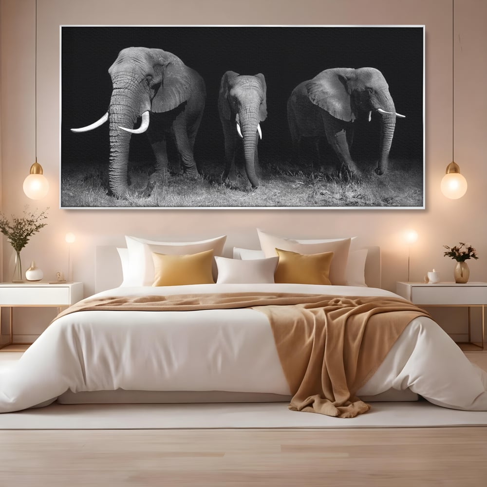 Tablou Canvas Premium, LuxCanva® M1302, Umbrele Savanei, Animale, Salbaticie, Safari, Elefanti, Familie, Alb si Negru, Grup, Dinamism, Intuneric, Birou, Living, Camera Copil