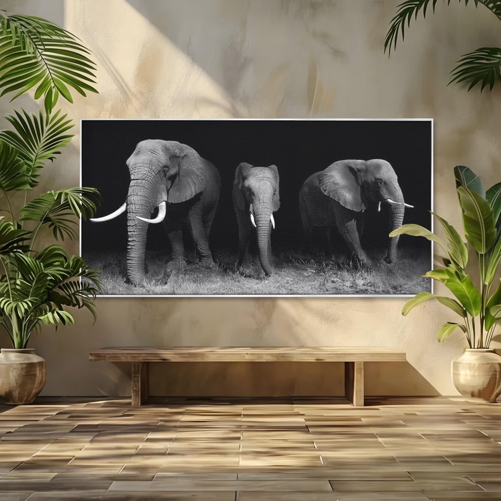 Tablou Canvas Premium, LuxCanva® M1302, Umbrele Savanei, Animale, Salbaticie, Safari, Elefanti, Familie, Alb si Negru, Grup, Dinamism, Intuneric, Birou, Living, Camera Copil