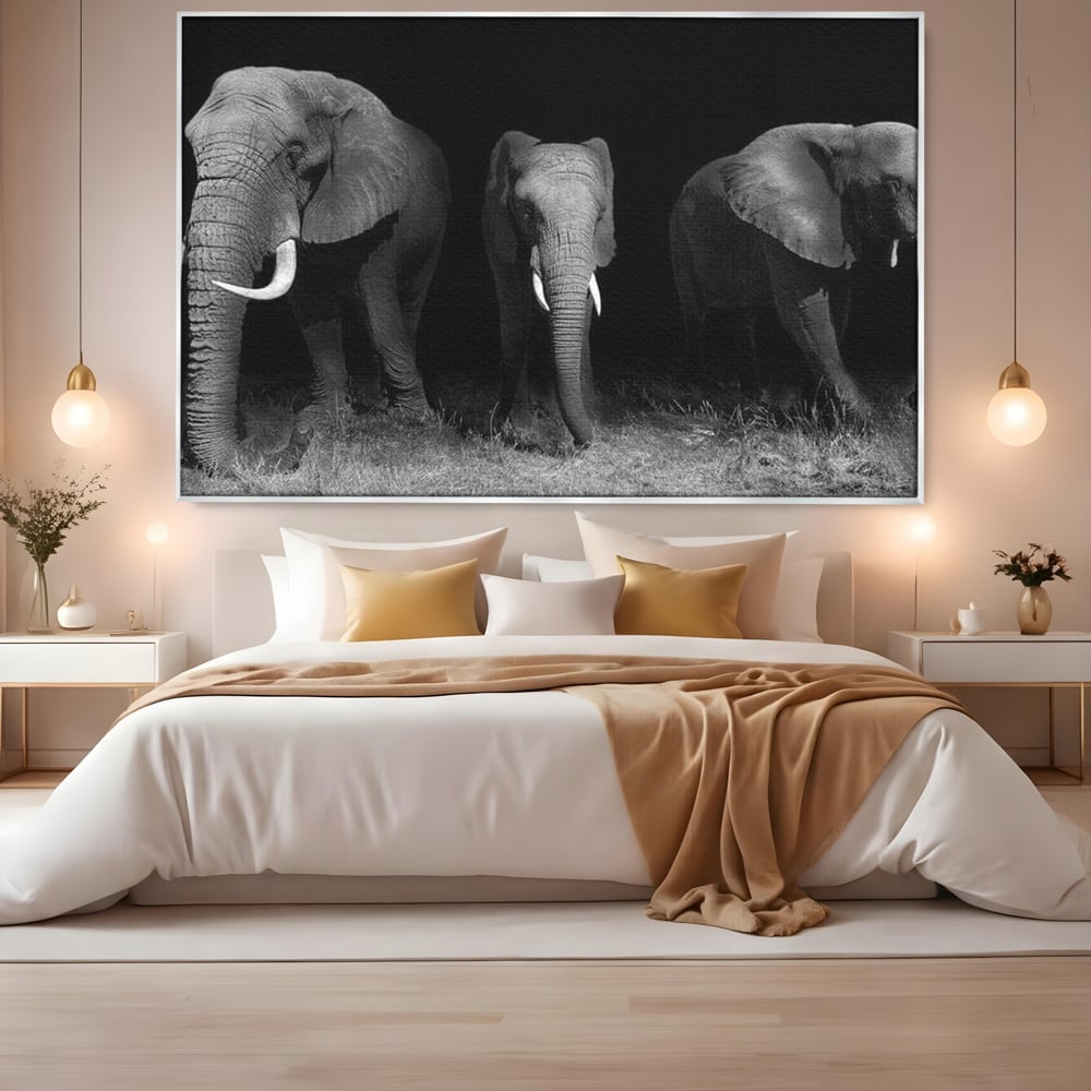 Tablou Canvas Premium, LuxCanva® M1302, Umbrele Savanei, Animale, Salbaticie, Safari, Elefanti, Familie, Alb si Negru, Grup, Dinamism, Intuneric, Birou, Living, Camera Copil