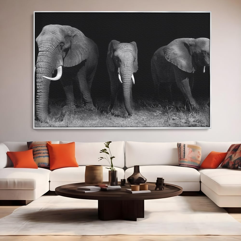 Tablou Canvas Premium, LuxCanva® M1302, Umbrele Savanei, Animale, Salbaticie, Safari, Elefanti, Familie, Alb si Negru, Grup, Dinamism, Intuneric, Birou, Living, Camera Copil