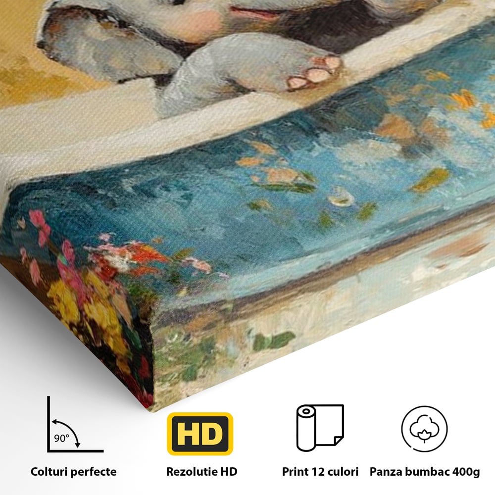 Tablou Canvas Premium, LuxCanva® M1303, Cada cu Parfum de Vara, Elefant, Pui, Inocent, Cada, Flori, Vaza, Joaca, Fericire, Zambet, Parfum, Birou, Living, Camera Copil