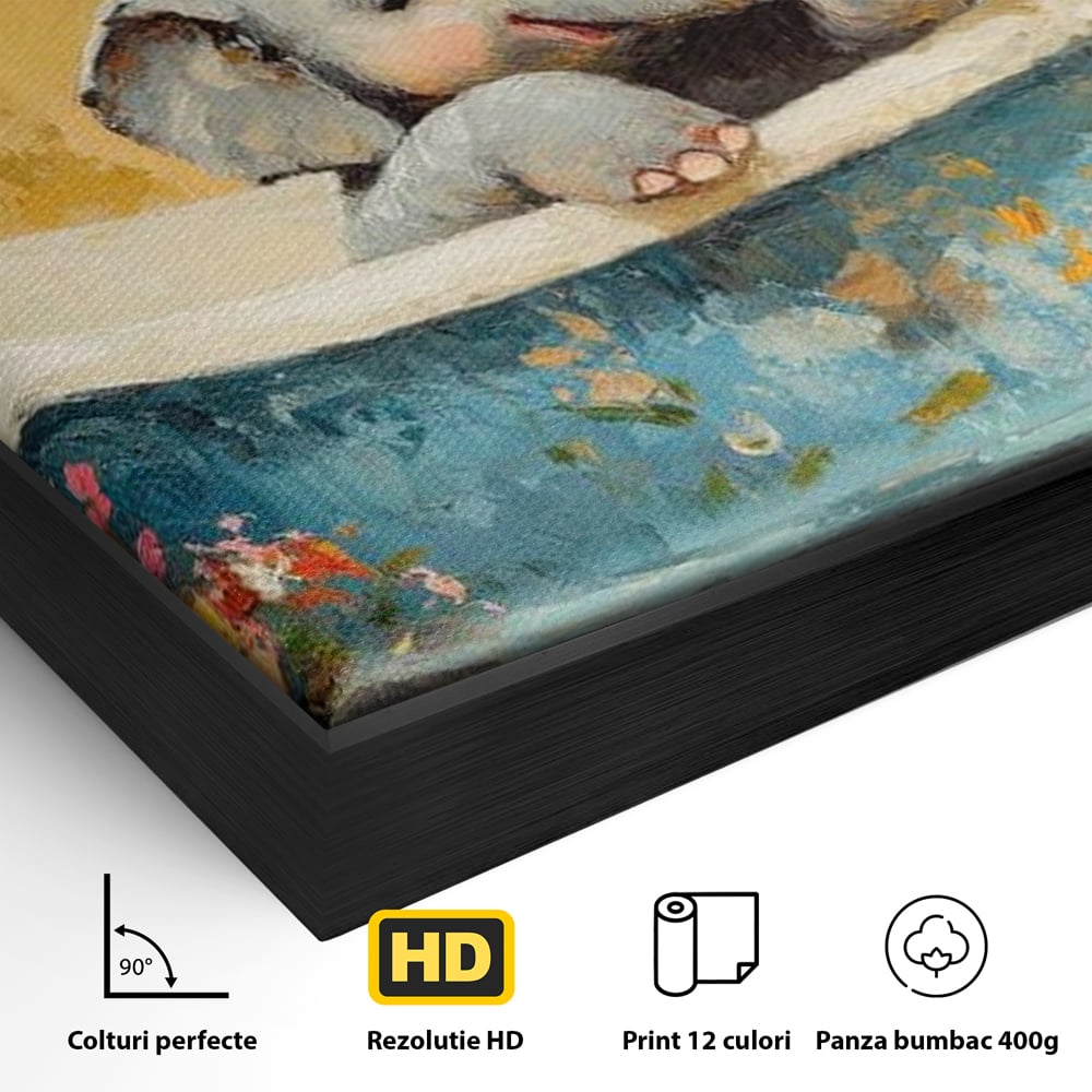 Tablou Canvas Premium, LuxCanva® M1303, Cada cu Parfum de Vara, Elefant, Pui, Inocent, Cada, Flori, Vaza, Joaca, Fericire, Zambet, Parfum, Birou, Living, Camera Copil