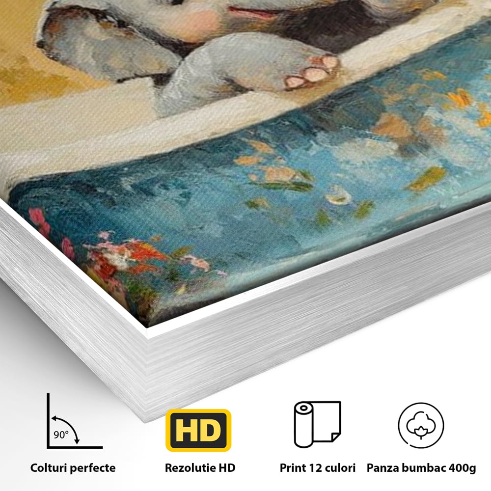 Tablou Canvas Premium, LuxCanva® M1303, Cada cu Parfum de Vara, Elefant, Pui, Inocent, Cada, Flori, Vaza, Joaca, Fericire, Zambet, Parfum, Birou, Living, Camera Copil