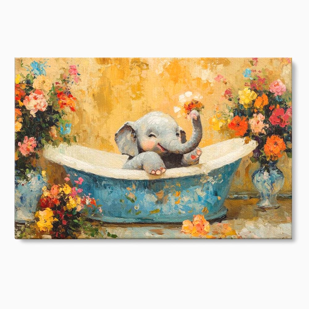 Tablou Canvas Premium, LuxCanva® M1303, Cada cu Parfum de Vara, Elefant, Pui, Inocent, Cada, Flori, Vaza, Joaca, Fericire, Zambet, Parfum, Birou, Living, Camera Copil