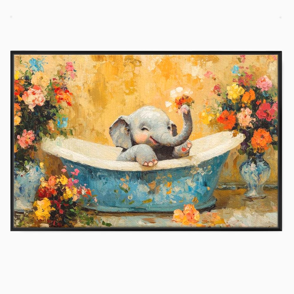 Tablou Canvas Premium, LuxCanva® M1303, Cada cu Parfum de Vara, Elefant, Pui, Inocent, Cada, Flori, Vaza, Joaca, Fericire, Zambet, Parfum, Birou, Living, Camera Copil