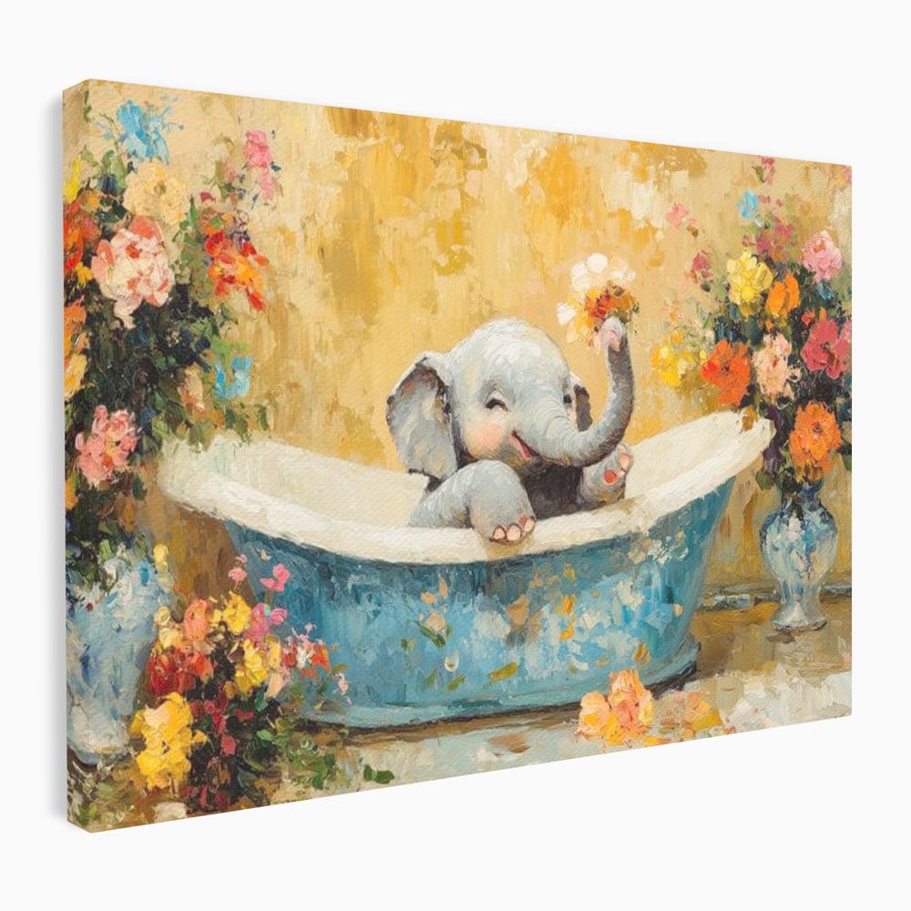 Tablou Canvas Premium, LuxCanva® M1303, Cada cu Parfum de Vara, Elefant, Pui, Inocent, Cada, Flori, Vaza, Joaca, Fericire, Zambet, Parfum, Birou, Living, Camera Copil