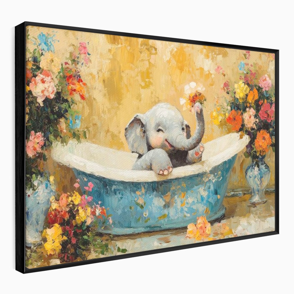 Tablou Canvas Premium, LuxCanva® M1303, Cada cu Parfum de Vara, Elefant, Pui, Inocent, Cada, Flori, Vaza, Joaca, Fericire, Zambet, Parfum, Birou, Living, Camera Copil