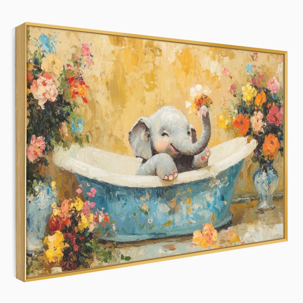 Tablou Canvas Premium, LuxCanva® M1303, Cada cu Parfum de Vara, Elefant, Pui, Inocent, Cada, Flori, Vaza, Joaca, Fericire, Zambet, Parfum, Birou, Living, Camera Copil
