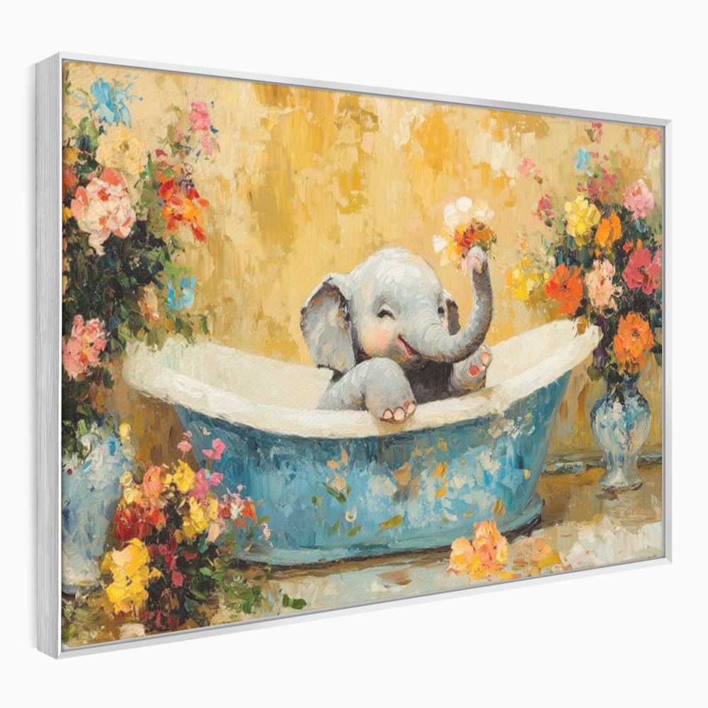 Tablou Canvas Premium, LuxCanva® M1303, Cada cu Parfum de Vara, Elefant, Pui, Inocent, Cada, Flori, Vaza, Joaca, Fericire, Zambet, Parfum, Birou, Living, Camera Copil