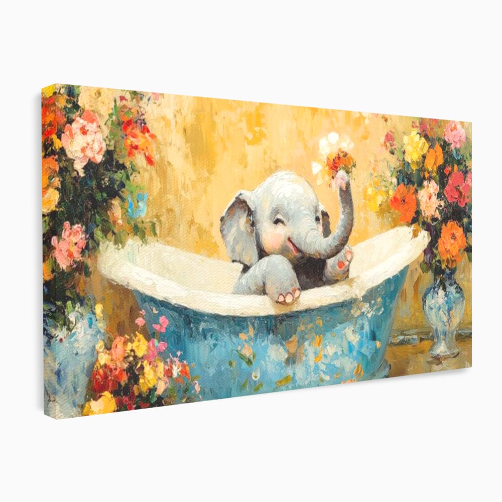 Tablou Canvas Premium, LuxCanva® M1303, Cada cu Parfum de Vara, Elefant, Pui, Inocent, Cada, Flori, Vaza, Joaca, Fericire, Zambet, Parfum, Birou, Living, Camera Copil