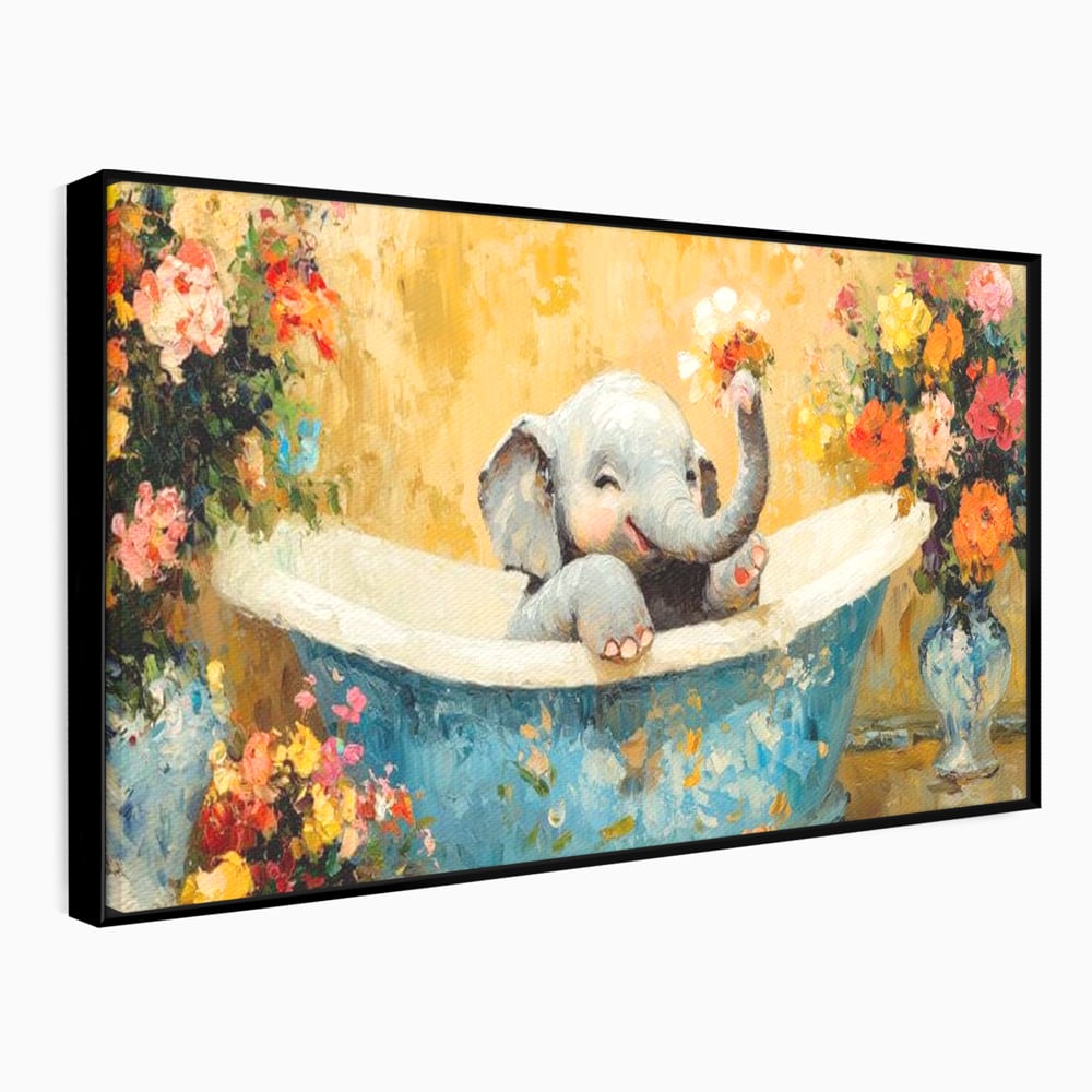 Tablou Canvas Premium, LuxCanva® M1303, Cada cu Parfum de Vara, Elefant, Pui, Inocent, Cada, Flori, Vaza, Joaca, Fericire, Zambet, Parfum, Birou, Living, Camera Copil