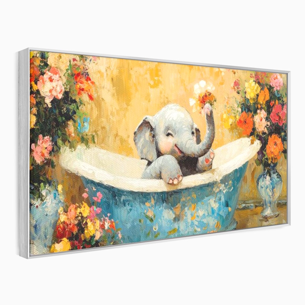 Tablou Canvas Premium, LuxCanva® M1303, Cada cu Parfum de Vara, Elefant, Pui, Inocent, Cada, Flori, Vaza, Joaca, Fericire, Zambet, Parfum, Birou, Living, Camera Copil