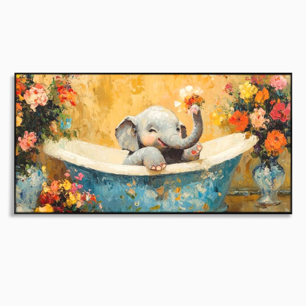 Tablou Canvas Premium, LuxCanva® M1303, Cada cu Parfum de Vara, Elefant, Pui, Inocent, Cada, Flori, Vaza, Joaca, Fericire, Zambet, Parfum, Birou, Living, Camera Copil