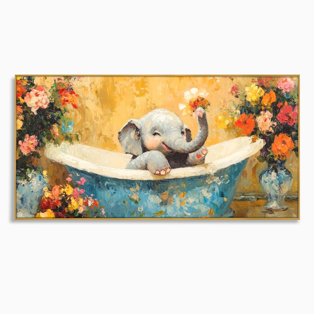 Tablou Canvas Premium, LuxCanva® M1303, Cada cu Parfum de Vara, Elefant, Pui, Inocent, Cada, Flori, Vaza, Joaca, Fericire, Zambet, Parfum, Birou, Living, Camera Copil