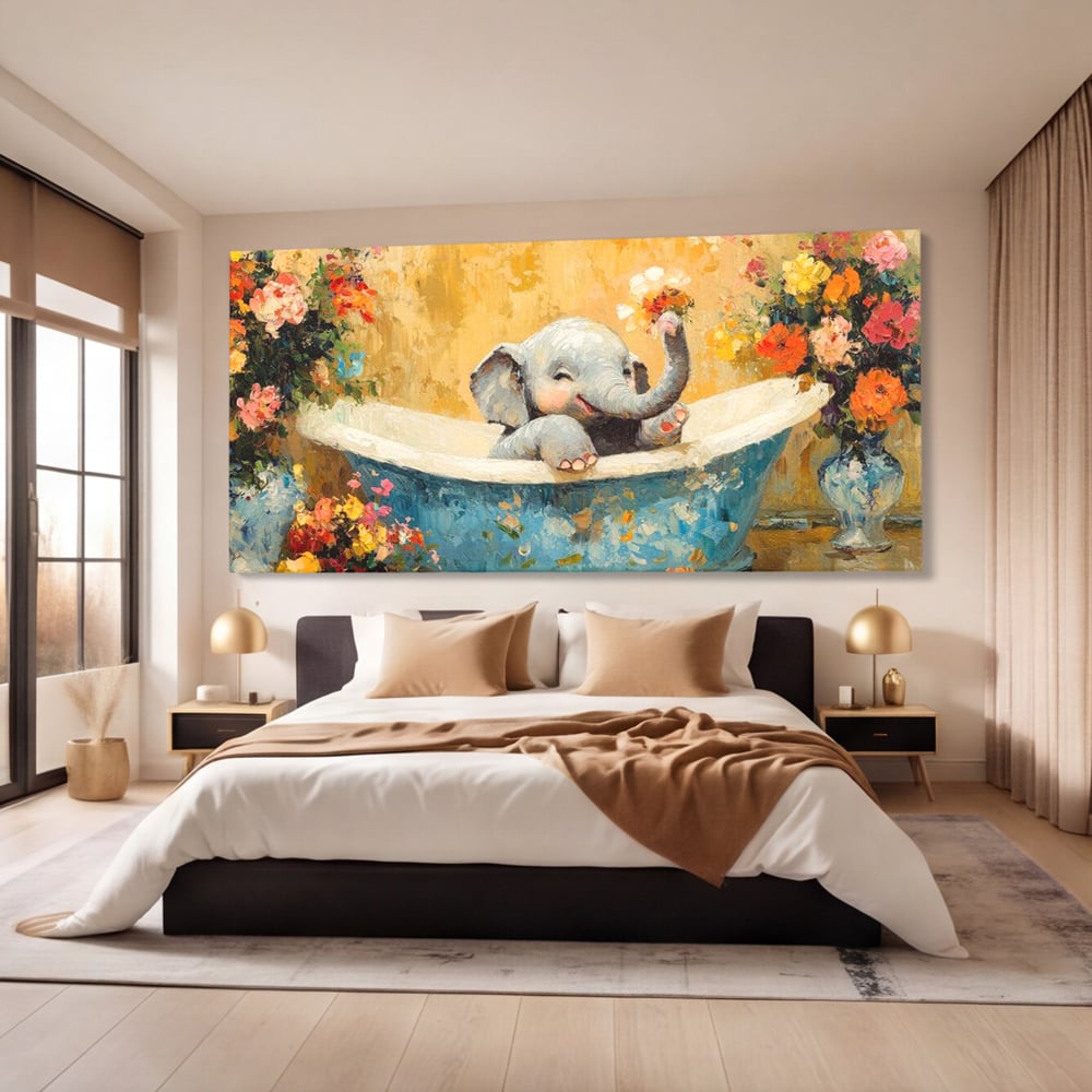 Tablou Canvas Premium, LuxCanva® M1303, Cada cu Parfum de Vara, Elefant, Pui, Inocent, Cada, Flori, Vaza, Joaca, Fericire, Zambet, Parfum, Birou, Living, Camera Copil