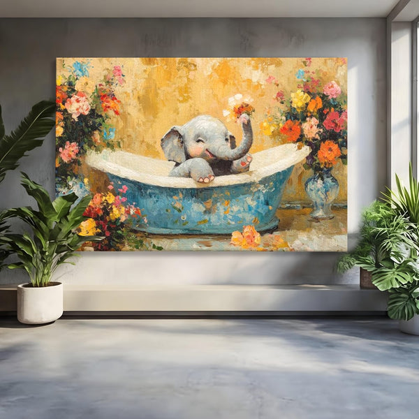 Tablou Canvas Premium, LuxCanva® M1303, Cada cu Parfum de Vara, Elefant, Pui, Inocent, Cada, Flori, Vaza, Joaca, Fericire, Zambet, Parfum, Birou, Living, Camera Copil