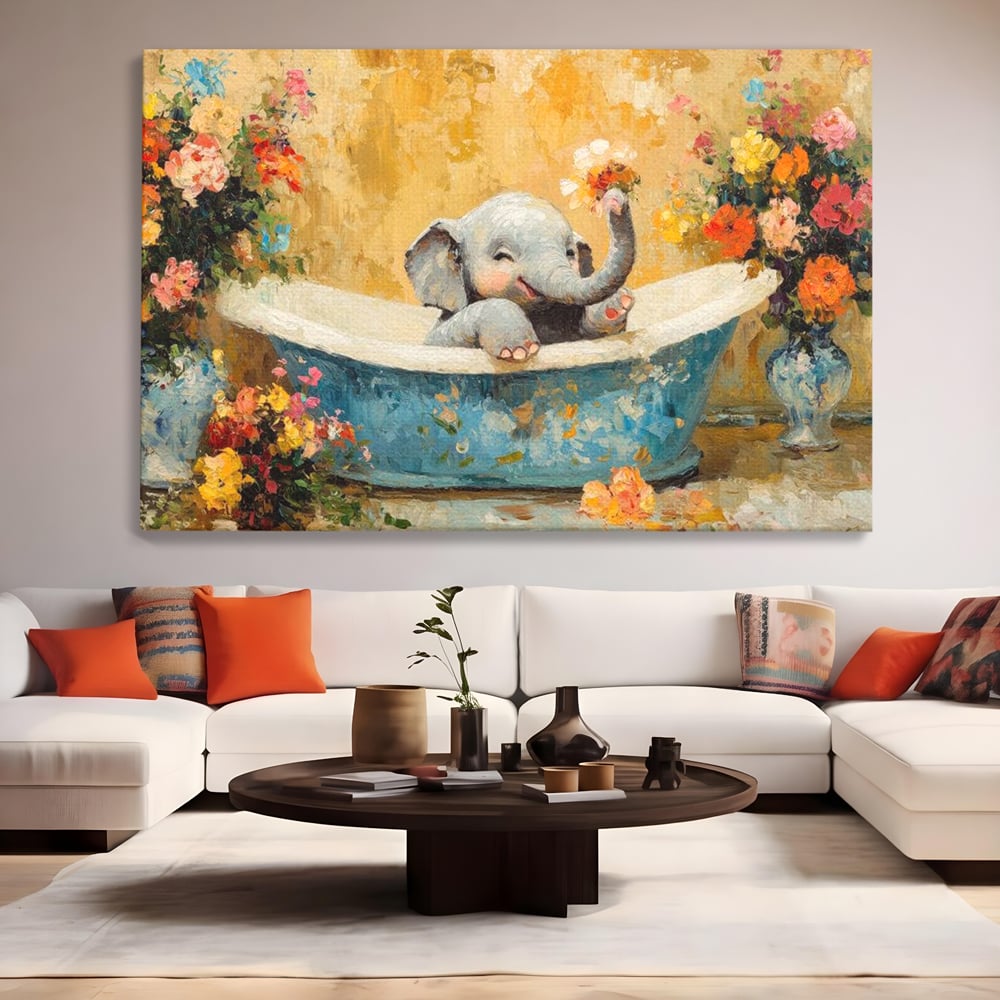 Tablou Canvas Premium, LuxCanva® M1303, Cada cu Parfum de Vara, Elefant, Pui, Inocent, Cada, Flori, Vaza, Joaca, Fericire, Zambet, Parfum, Birou, Living, Camera Copil